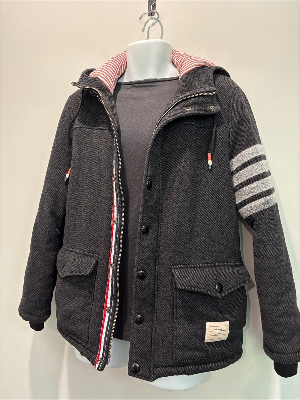 Thom Browne 4-Bar Charcoal Wool Hooded Jacket Grey Size 4 L/XL - Picture 10 of 16